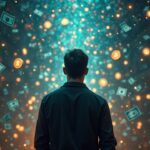 Trader cripto diverso en escena fotorrealista, billetes holográficos fluyen a Bitcoin y meme coins, con cartel de arancel.