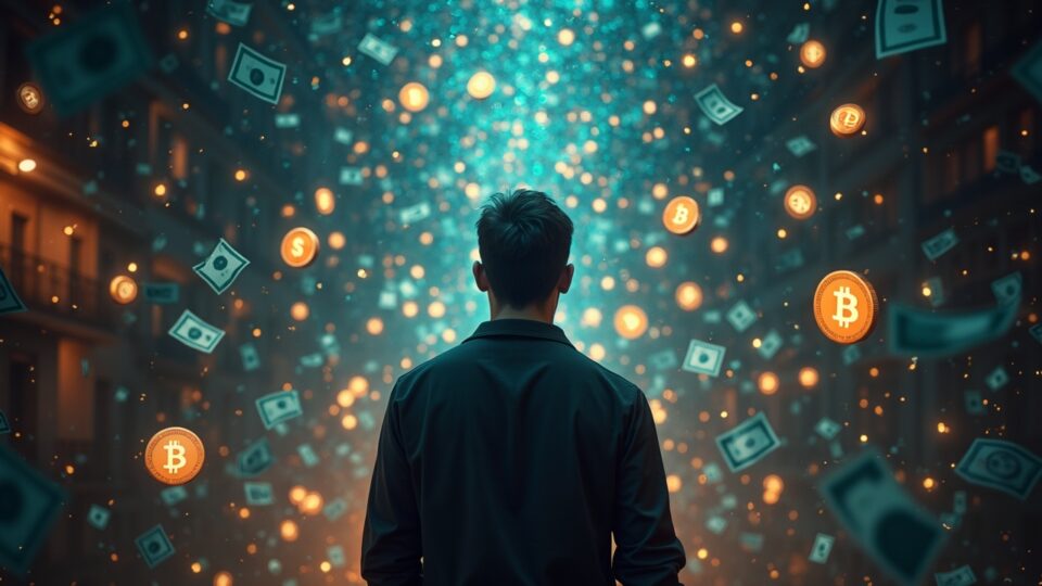 Trader cripto diverso en escena fotorrealista, billetes holográficos fluyen a Bitcoin y meme coins, con cartel de arancel.