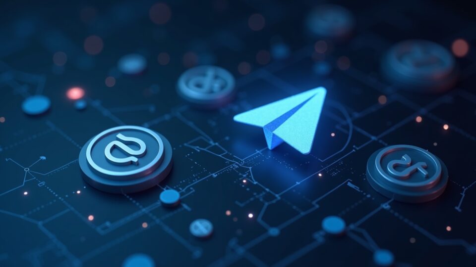 Interfaz de Telegram con iconos de acciones tokenizadas COINX, HOODX y CRCLX, y símbolos 1:1 de colateral, estilo newsroom.