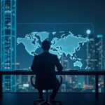 Ejecutivo de tesoreria cripto analiza mapa hologografico de stablecoins en una mesa de trading, skyline urbano al fondo.