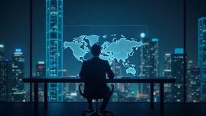 Ejecutivo de tesoreria cripto analiza mapa hologografico de stablecoins en una mesa de trading, skyline urbano al fondo.