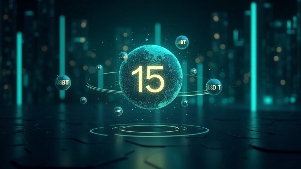 Header fotorealista: ticker 15 mil millones, USDT orbitando globo blockchain, fondo azul-verde de noticias sobre IPO cripto.