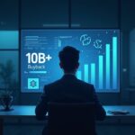 Ejecutivo fintech en oficina moderna, pantalla muestra 10 mil millones y símbolo de recompra junto al logo de Tether.