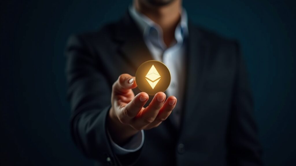 Profesional financiero sostiene un token Ethereum que representa acciones Nasdaq FGNX/FGNXP, con fondo de tecnología regulatoria.