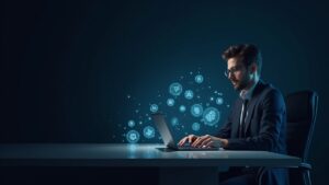 Treasurer at a sleek desk with holographic blockchain tokens illustrating tokenized deposits and instant programmable payments.