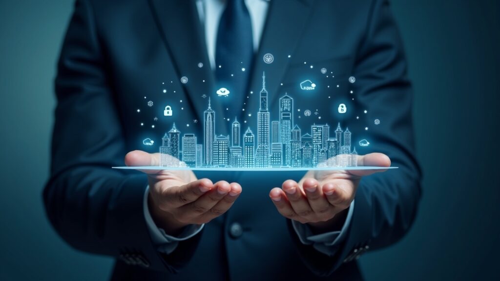 Ejecutivo de negocios en traje presenta un mapa holográfico de bienes inmuebles tokenizados, junto a un skyline y símbolos de blockchain.