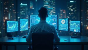 Trader central con cinco ventanas holográficas de inversores y gráficos cripto.