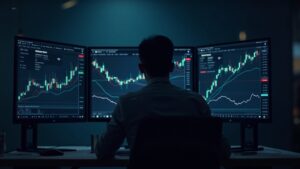 Profesional de trading ante monitor con gráficos de opciones cripto, mostrando ETH, SOL, XRP y el logotipo de CME.