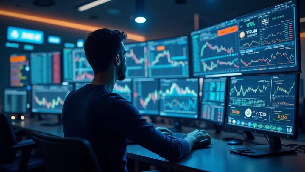Trader en sala de control futurista con pantallas holográficas; SNX sube 130%, señales de altcoin y logos Bittensor y Render