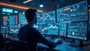 Trader en sala de control futurista con pantallas holográficas; SNX sube 130%, señales de altcoin y logos Bittensor y Render