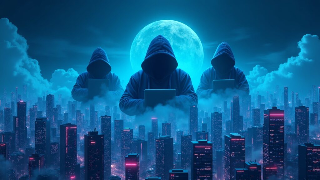 Tres hackers en silueta sobre una ciudad cripto neón, con nodos blockchain y servidores en la nube.