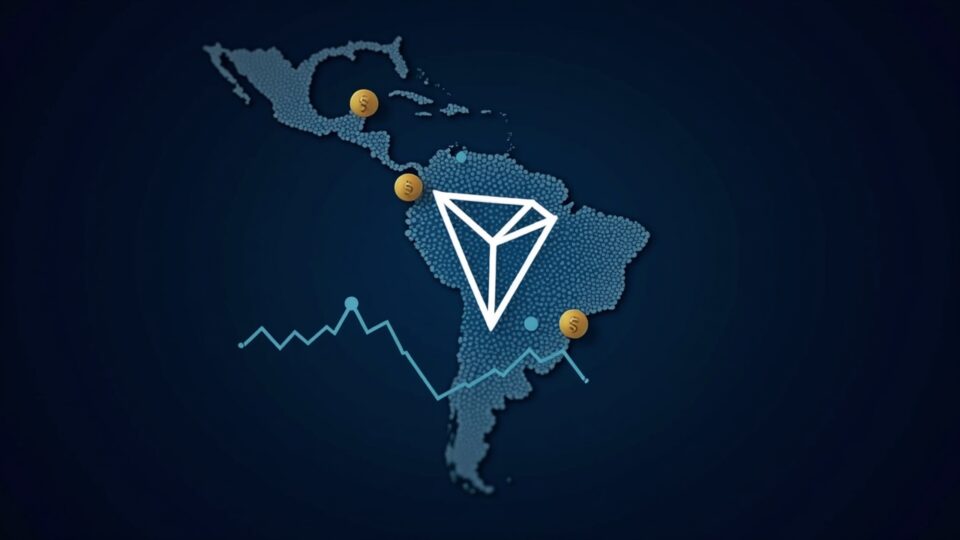 Logo central de TRON sobre un mapa de LATAM, flujos de stablecoins y un gráfico ascendente de precio