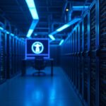 Dogecoin mining farm with rows of ASIC rigs, blue neon lighting, and a monitor displaying a Trump-linked investor logo.