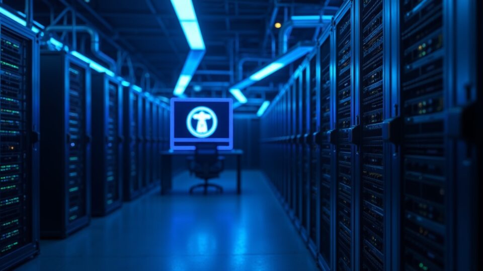 Dogecoin mining farm with rows of ASIC rigs, blue neon lighting, and a monitor displaying a Trump-linked investor logo.