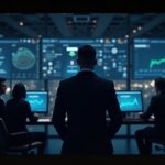 Figura central en una redacción moderna, UI de Truth Predict brillando y CRO orbitando un gráfico en vivo.