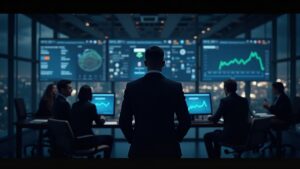 Figura central en una redacción moderna, UI de Truth Predict brillando y CRO orbitando un gráfico en vivo.