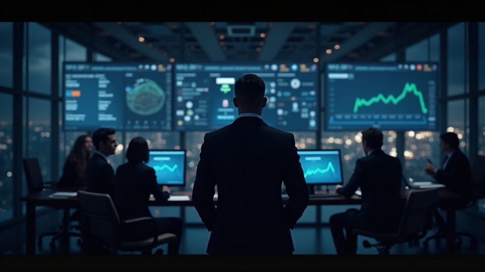 Figura central en una redacción moderna, UI de Truth Predict brillando y CRO orbitando un gráfico en vivo.