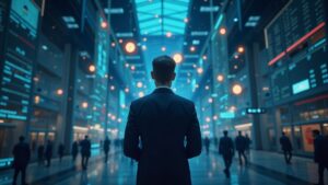 Ejecutivo financiero en sala de trading, tokens de activos reales flotando y símbolos regulatorios, fondo IPO 2026