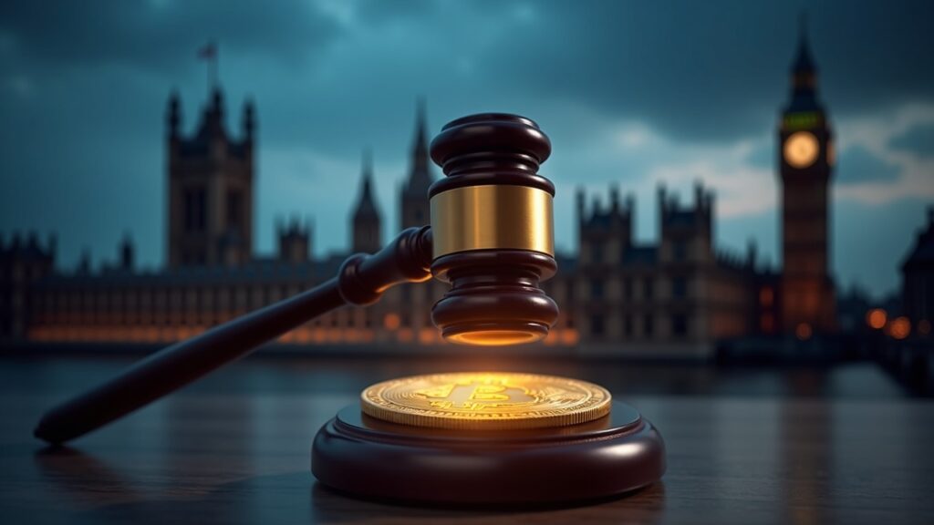 Mazo de juez sobre un Bitcoin digital, siluetas del Parlamento británico al fondo y luces de redacción.