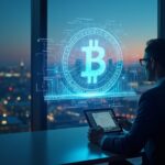 CEO en una oficina de vidrio observa una bóveda holográfica de Bitcoin y un libro mayor digital, con el skyline británico al atardecer