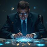 Funcionario ucraniano en un escritorio moderno, libro mayor de blockchain iluminado y iconos de criptomonedas dispersos.