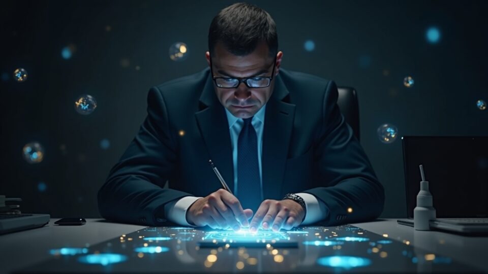 Funcionario ucraniano en un escritorio moderno, libro mayor de blockchain iluminado y iconos de criptomonedas dispersos.