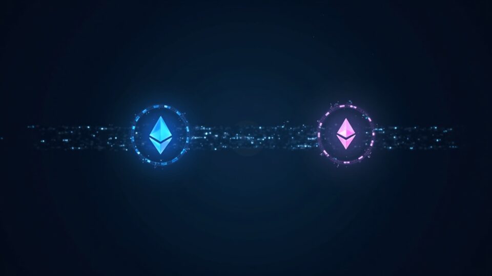 Interfaz de Uniswap con logos de Solana y Ethereum convergiendo, mostrando liquidez que conecta cadenas