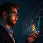 Retrato realista de trader de criptomonedas con Bitcoin brillante, gráficos holográficos de ETF y gaps de CME.