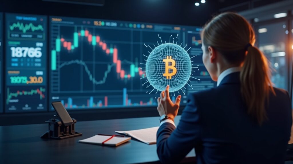 Encabezado fotorrealista: analista central, holograma BTC y tickers HIVE, FIGR, MSTR; minería y tokenización en foco.
