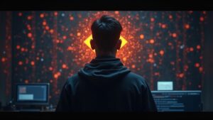 Trader cripto ante una red blockchain, logo de Binance desvaneciéndose, sello rojo regulatorio y guiños a la bandera.