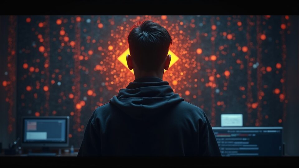 Trader cripto ante una red blockchain, logo de Binance desvaneciéndose, sello rojo regulatorio y guiños a la bandera.