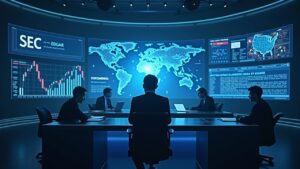 Futuristic newsroom with a central analyst and holographic SEC, EDGAR, and crypto data, plus a subtle US flag.