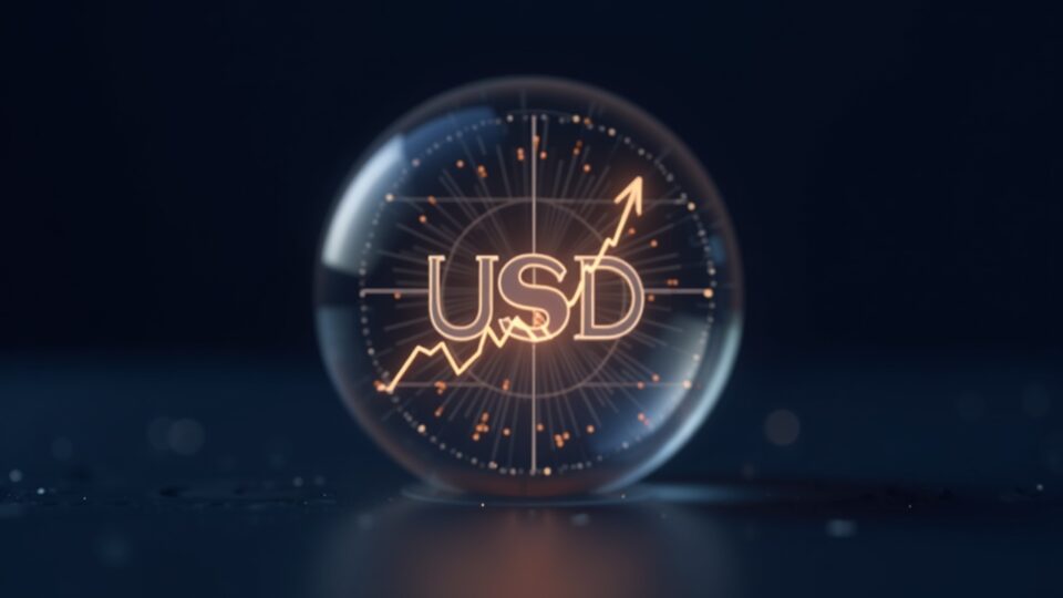 Emblema de USDC brillando dentro de una esfera transparente, con gráficos al alza y logotipo de Circle en un panel.