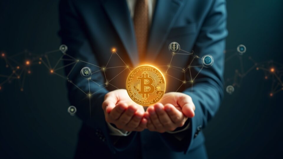 Figura central sostiene una moneda USDC luminosa con líneas de red; silueta USDT y iconos de MiCA y GENIUS.