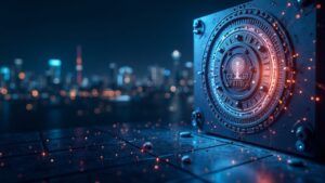 Bóveda digital Solana con líneas de red, tokens USYC circulando y un escritorio DeFi; horizonte regulatorio.