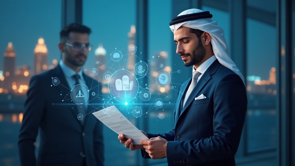 Regulador de Dubái en traje, iconos cripto holográficos y un documento de licencia, con el skyline de Dubái al fondo.