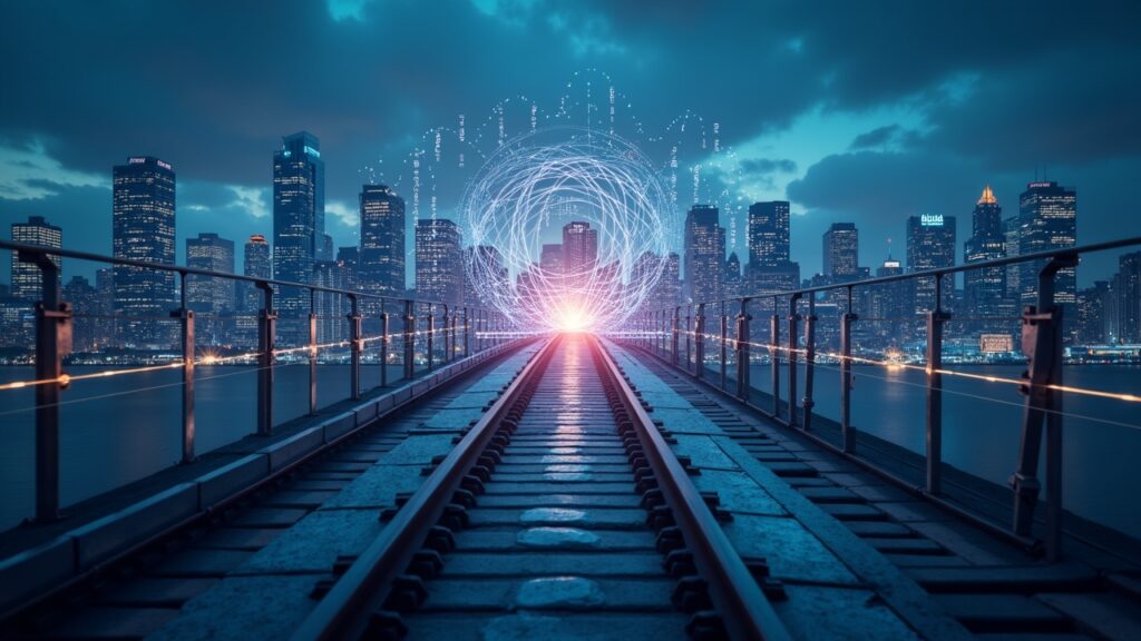 Escena periodística realista: puente tecnológico une bancos y una red blockchain multicanal, préstamos y cumplimiento.