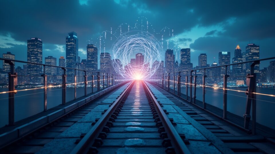 Escena periodística realista: puente tecnológico une bancos y una red blockchain multicanal, préstamos y cumplimiento.
