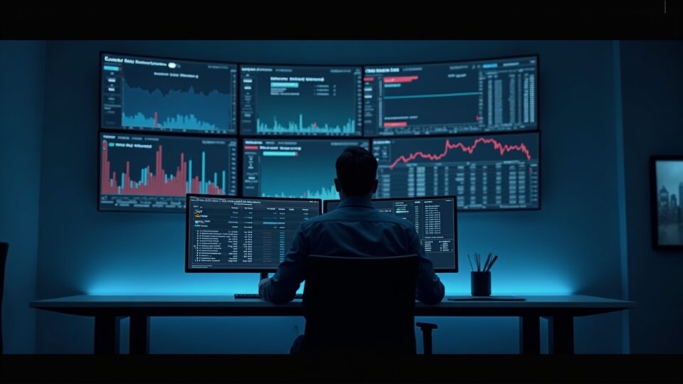 Operador de Wall Street frente a pantallas con trading de ETH 24/7, visualizando FOMO institucional