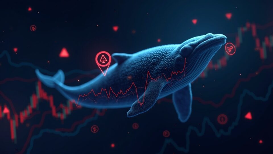 Silueta de ballena cripto sobre un gráfico de trading con los íconos SHIB, ADA y ZORA, indicando ventas significativas.