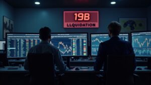 Sala de trading cripto hiperrealista con operador ante pantallas, Bitcoin cae y liquidación 19B.