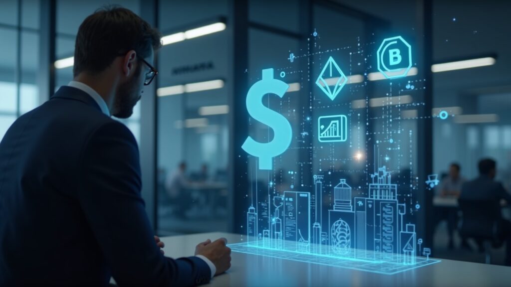 Inversor minorista del Reino Unido en una oficina moderna, hologramas de Bitcoin y Ethereum ascienden frente a planos de la FCA.