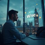 Product lead in a modern office with holographic stablecoins orbiting the Wise logo, London skyline visible through glass.