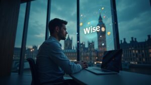 Product lead in a modern office with holographic stablecoins orbiting the Wise logo, London skyline visible through glass.
