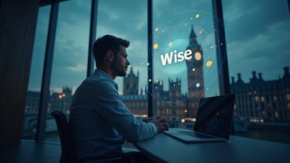 Product lead in a modern office with holographic stablecoins orbiting the Wise logo, London skyline visible through glass.