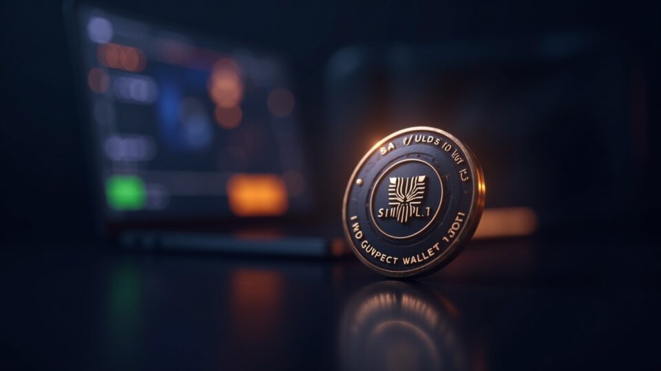 Token WLFI en una billetera digital, pantallas de USD1 al fondo, resplandor de advertencia sobre gobernanza y centralización.