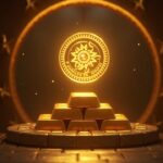 Bóveda fotorealista con barras de oro y malla translúcida de XAUt superpuesta.