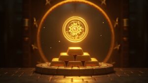Bóveda fotorealista con barras de oro y malla translúcida de XAUt superpuesta.