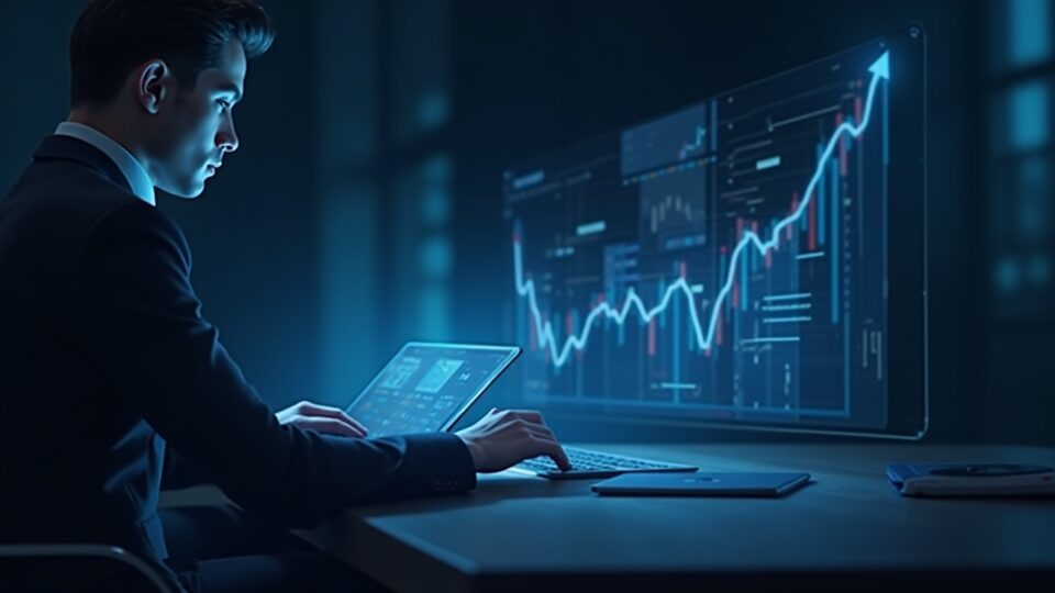 Trader profesional frente a escritorio con pantalla holográfica de gráfico ascendente y logo de XLM, señalando pagos transfronterizos.