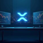 Logo de XRP en mesa de trading con pantallas, reloj 24/7 y skyline de Wall Street.